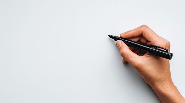 Hand holding a black pen against a plain background
