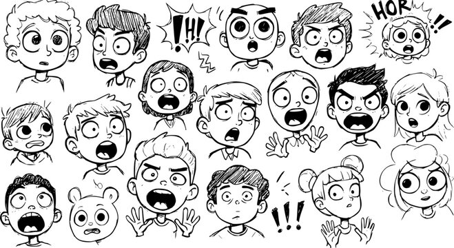 Hand-drawn collection of expressive cartoon children faces. Boys and girls displaying a range of strong emotions including surprise, fear, anger, and shock in a sketchy black and white style.