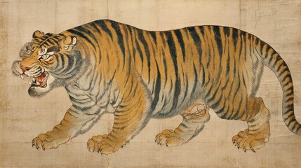 Obraz premium 伝統的な民画様式の猛虎図、力強い筆致とユーモラスな表情の和風背景素材