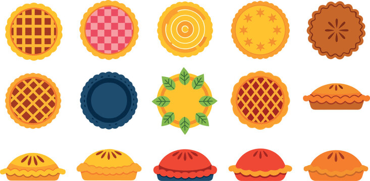 Colorful pies with lattice, spiral, star, and leaf crust designs in cheerful vector illustration