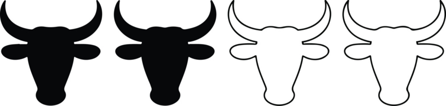 Hand-drawn inspired line art of four bulls featuring solid and outlined heads with sharp lines and robust facial structure flat vector