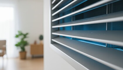 Obraz premium Close-up of a dusty air conditioning vent with blue interior light, contrasting with a clean, blurred modern living space background.