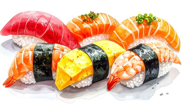 Nigiri, tamago salmon sushi isolated on white background