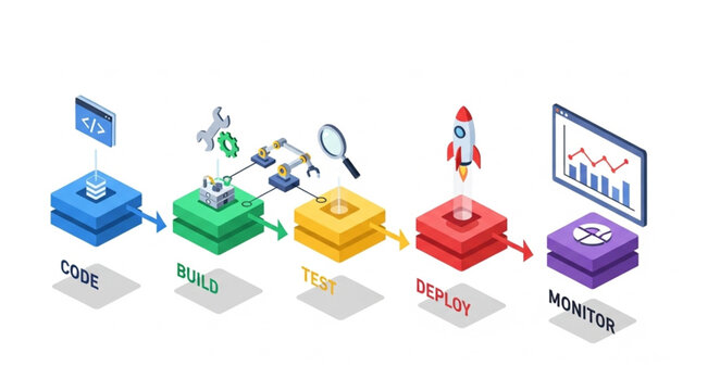 Software Development Lifecycle Stages - Code, Build, Test, Deploy, Monitor.