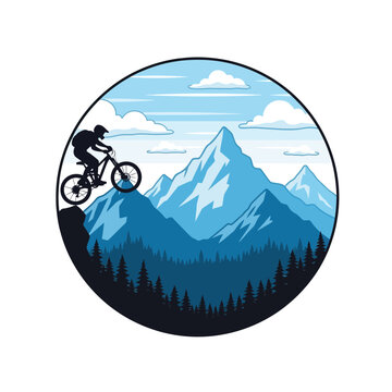 Mountain biker jumping off cliff with majestic blue mountains and sky background