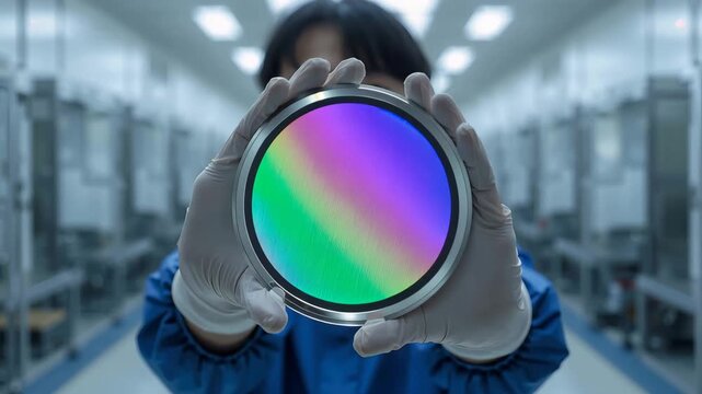 クリーンルームで日本人作業者が虹色に輝くウエハーを両手で掲げる
