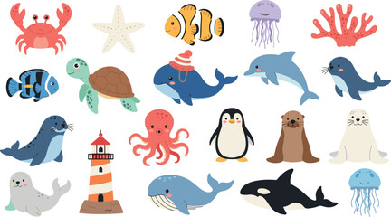 Cute ocean animals collection featuring dolphin whale octopus penguin turtle and coral reef creatures vector set © MdMojnu