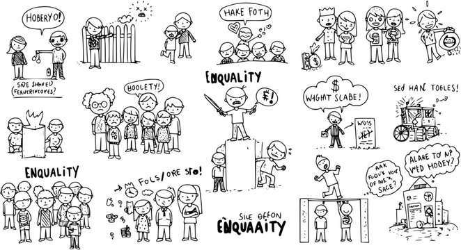 Collection of Hand-Drawn Doodle Cartoons Depicting Social and Economic Inequality, Poverty, Wealth Disparity, and Human Struggles with Whimsical Characters and Abstract Concepts