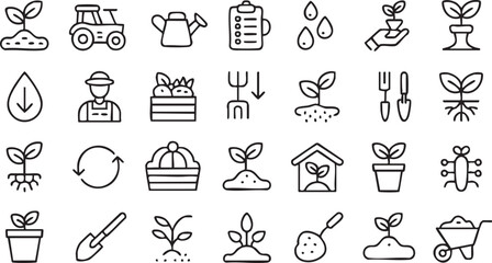 Naklejka premium Gardening and Farming Icon Set Featuring Plant Growth and Agriculture Tools