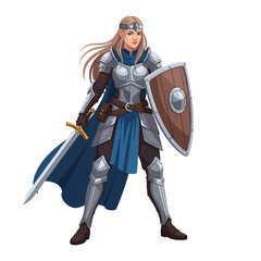 Obraz premium Female Knight Warrior with Sword and Shield, Fantasy Armor, Heroine