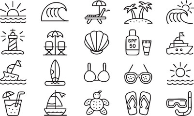 Fototapeta premium Summer Beach Icons Set With Vacation Travel And Sea Symbols