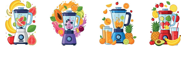 Fototapeta premium Fruit Smoothie Blender Set with Mixed Fruits and Fresh Juices in Colorful Blenders