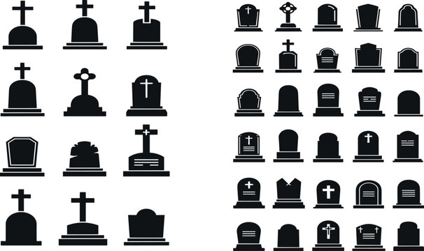 Gravestones and Cemetery Icons Set Featuring Crosses, Tombstones, and Memorial Designs