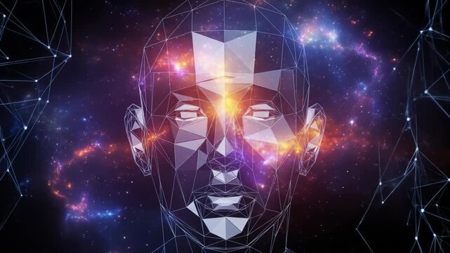 A futuristic digital illustration of a human head with a geometric pattern and vibrant colorful lights emanating from the face