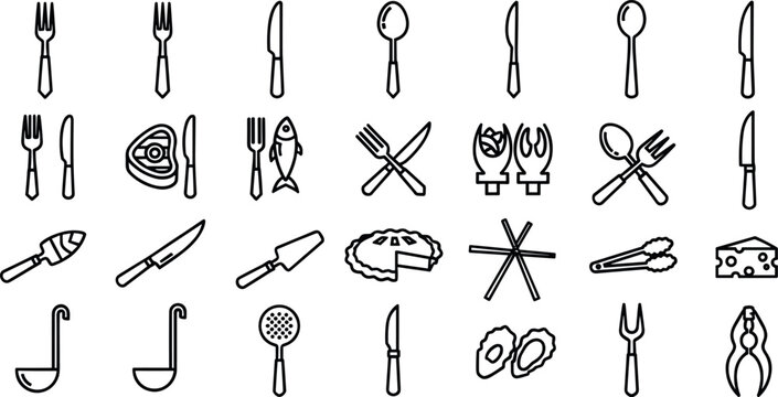 Kitchen and seafood outline icon set with utensils fish and cooking tools in minimalist line vector style