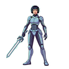 Fototapeta premium Pixel Art Sci-Fi Warrior Woman in Futuristic Armor with Energy Sword