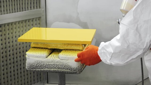 Industrial worker applying yellow paint to wooden panel using spray gun in workshop environment showing surface finishing and coating process.