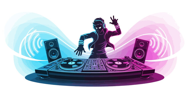 Illustration of a DJ celebrating on World Party Day with a festive atmosphere and colorful theme, surrounded by sound waves and party equipment.