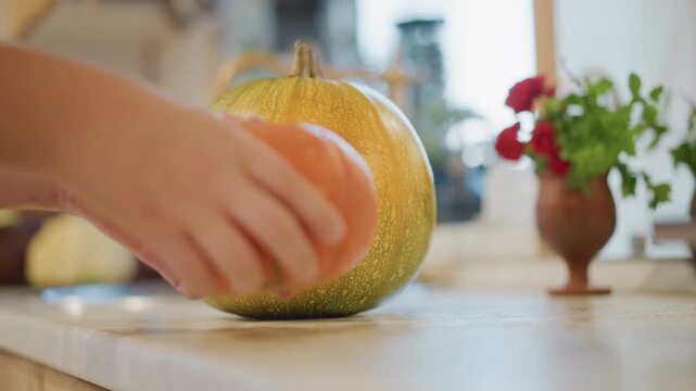 Home baker selecting pumpkins on counter, closeup of large speckled pumpkin and hand placing small round squash, morning light on wooden countertop, potted plant with red blooms in background,