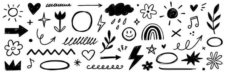 Crayon scribble kid element set. Crayon scribble hand drawn pastel texture brush chalk line sketch icon. Cute kid children rainbow heart star sun cloud flower smile crown. Vector illustration © Polina Tomtosova