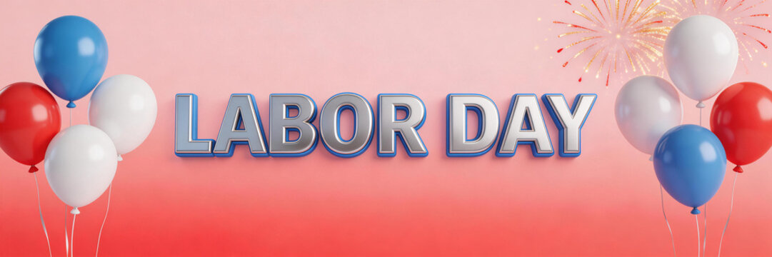 Labor Day celebration background with red, white, and blue balloons, and fireworks. Suitable for holiday events, parades, and festive occasions.