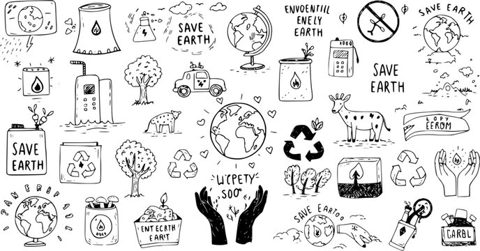 Hand-drawn doodle set of ecological and environmental icons, including save Earth, recycle, clean energy, pollution, and nature elements.