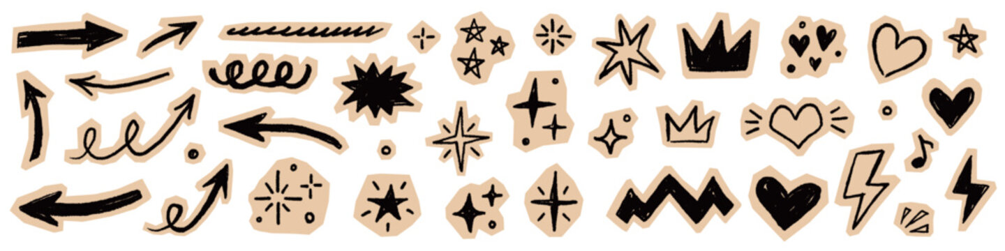 Scrapbook collage sticker element set. Hand drawn paper cut collage with crayon doodle line brush texture. Cute planner craft template design with heart circle arrow star label frame. Vector