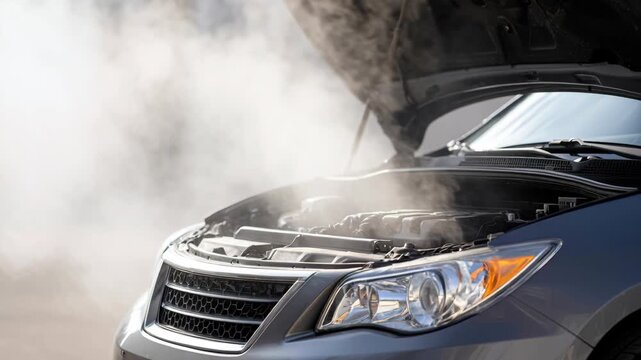 Smoke and steam rising from an overheated car engine with the hood open during a vehicle breakdown.
