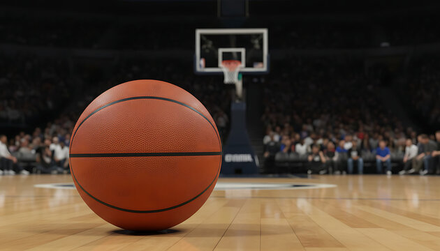 A basketball on the wooden floor of an indoor court with a blurred background showing a basketball hoop, representing an exciting game or match in a sports arena, Basketball Game / Sports Event