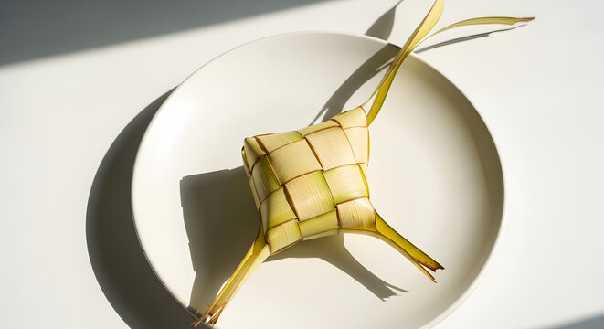 A minimalist presentation of ketupat rice cake on a clean white plate with soft lighting.