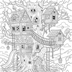 Naklejka premium A detailed treehouse with multiple levels and a slide