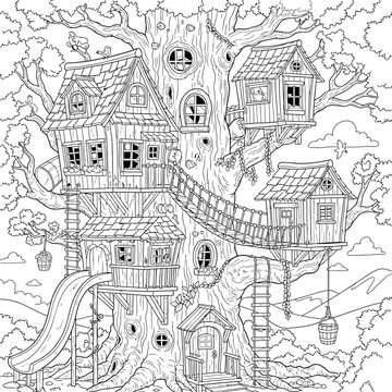 A detailed treehouse with multiple levels and a slide