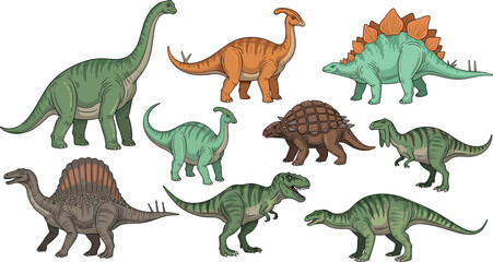 Illustration of Various Dinosaurs, Including Stegosaurus, Brachiosaurus, and T-Rex for Animal and Prehistoric Designs © MdMojnu
