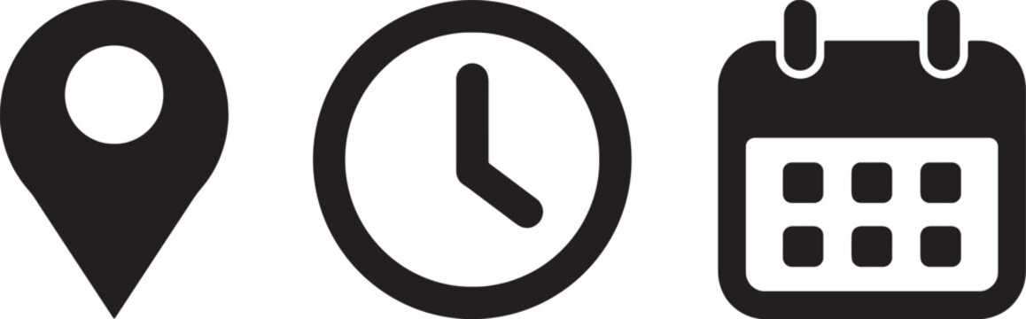 Calendar, clock, and location pin icons, including calendar, clock, and location pin symbols, vector illustrations perfect for business schedules, office planning, agenda, invitation.