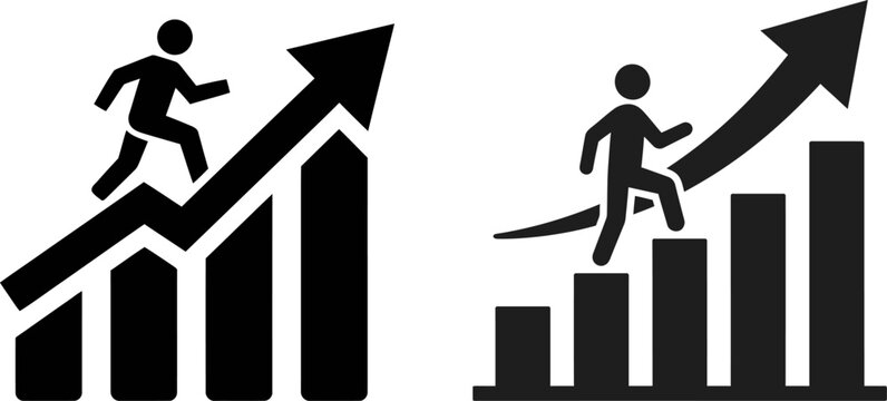 A pair of black and white icons depicting business growth with people climbing up bar chart steps.