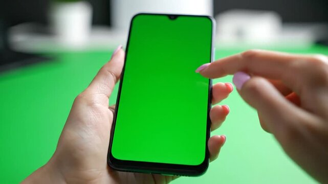 A person holding a smartphone with a green screen and touching it with a finger.