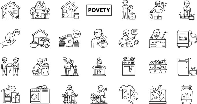 Poverty Line Icons Set. Vector Outline Symbols of Homelessness, Hunger, Social Problems, and Hardship. Editable Stroke Pack for Poor People and Lack of Resources.