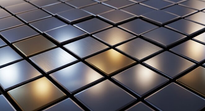 Shiny metal tiles reflect light on a grid surface closely