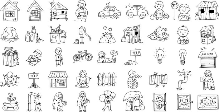 Poverty and Social Issues Hand Drawn Doodle Icons Set. Depicting Homelessness, Hunger, Lack of Resources, and Struggle for Basic Needs. Vector Illustrations.