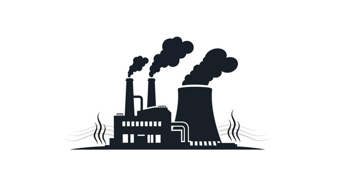 Modern industrial complex silhouette with smoking chimneys and a cooling tower, symbolizing pollution, environmental impact, and energy production