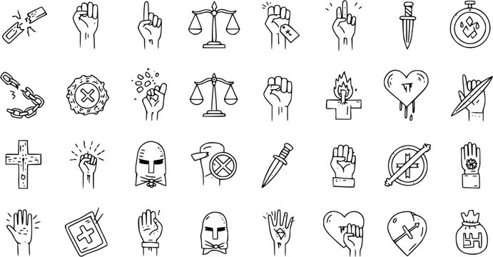 Hand-Drawn Doodle Icons: Human Rights, Social Justice, Freedom, and Protest Symbols. Featuring oppression, inequality, justice scales, fists, broken chains, and religious motifs.