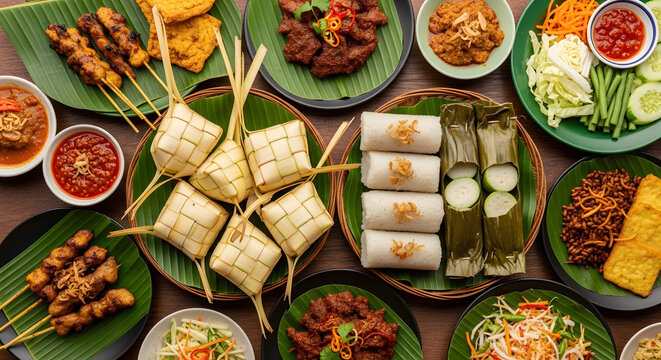 A vibrant top-down view of Indonesian cuisine featuring ketupat and a variety of side dishes.
