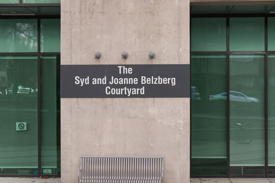 The Syd and Joanne Belzberg Courtyard plaque mounted on concrete pillar at Vancouver General Hospital Jim Pattison Pavilion