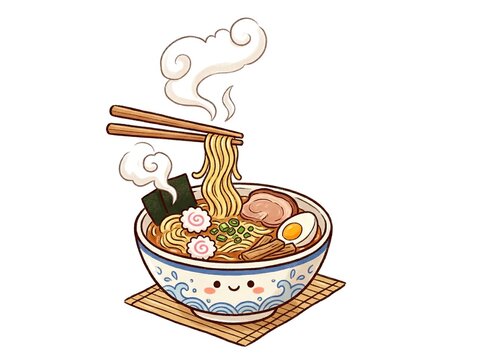 chibi ramen bowl with chopsticks lifting noodles, steam rising, simple style, white background
