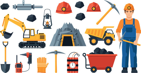 Mining industry equipment and worker vector set with excavator dump truck tools and underground elements © MdMojnu