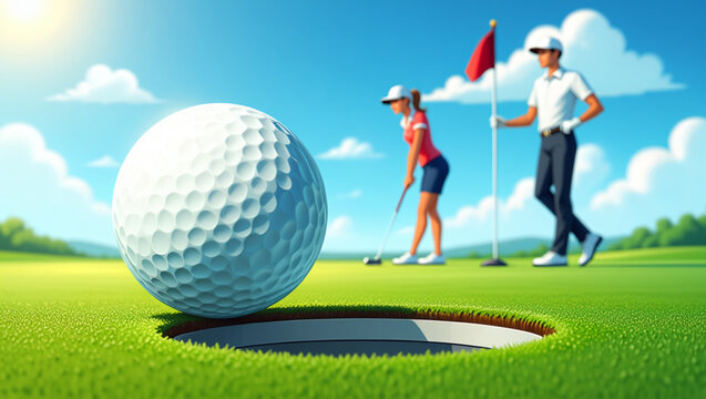 Group of people playing golf with a golf ball on the green