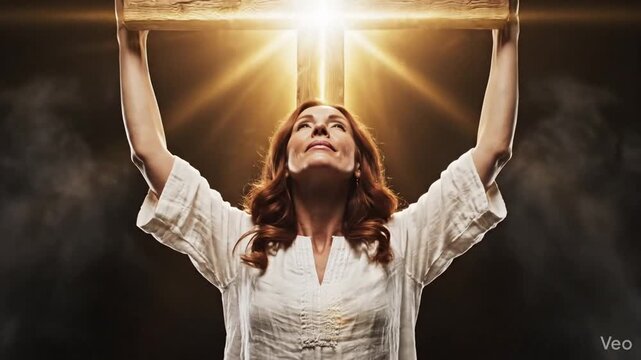 Spiritual woman holding a luminous crucifix within shadows representing divine victory of hope over gloom and sacred religious devotion in christian faith and protestant worship traditions