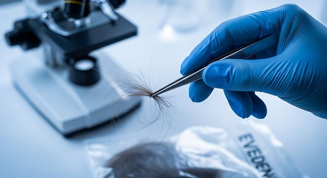 Blue-gloved hand holds hair with tweezers near a microscope & evidence bag, forensics lab