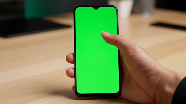 Hand holding a smartphone with a green screen, touching the display on a wooden desk.