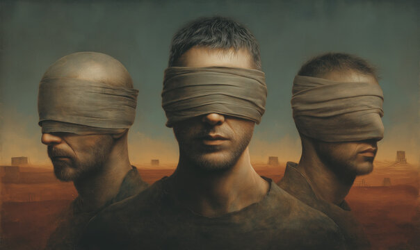 Blindfold man portrait group mysterious surreal desert dystopian mood concept art